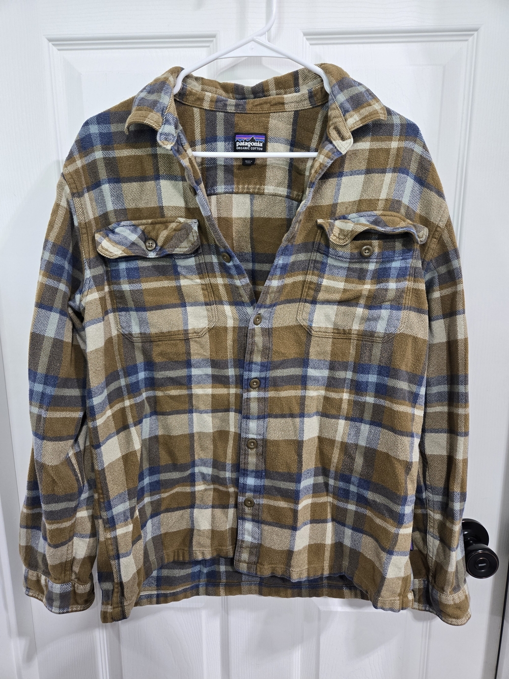 Patagonia Men's Tan, Blue & White Plaid Button-Down Shirt